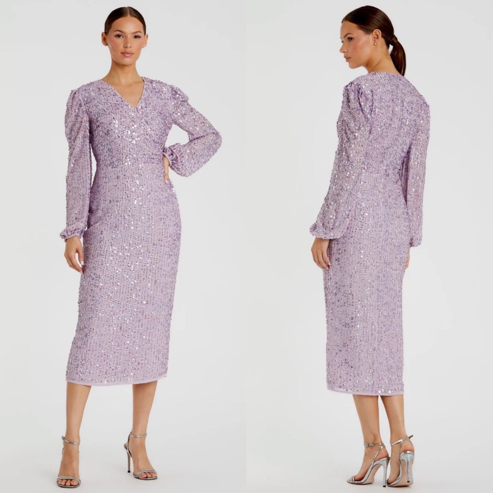 NEW NWT Mac Duggal Purple Sequin Illusion Puff Sleeve V Neck Midi Dress Lavender